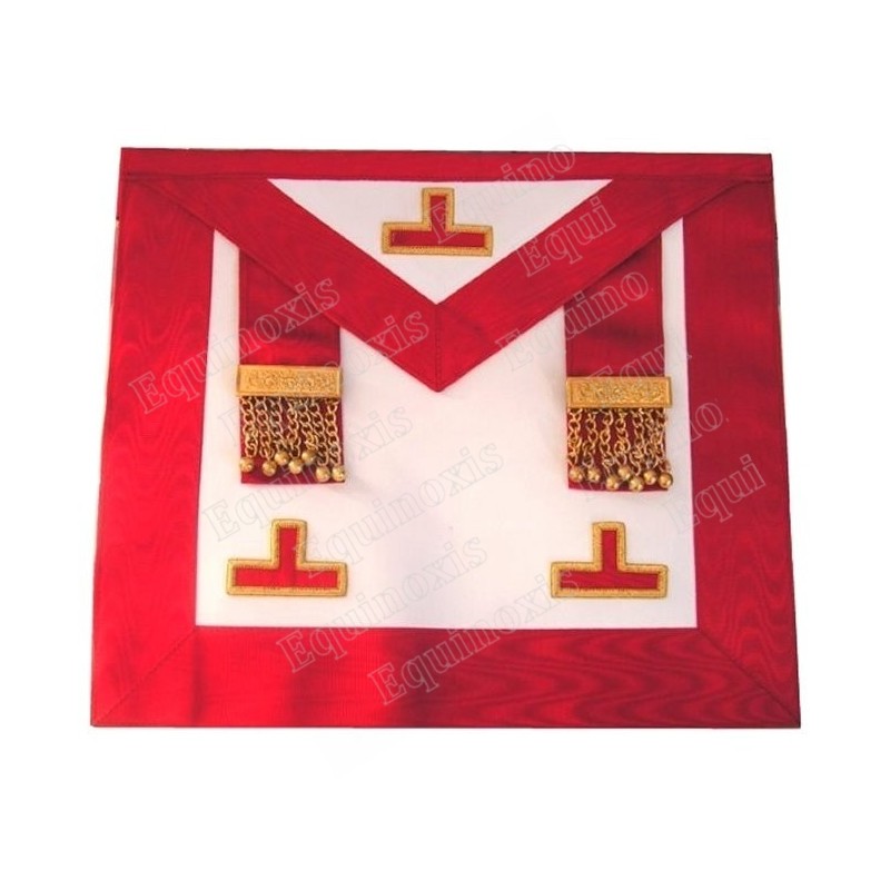 Tablier maçonnique en cuir – REAA – Vénérable Maître – 3 taus + penderilles – Dos rouge