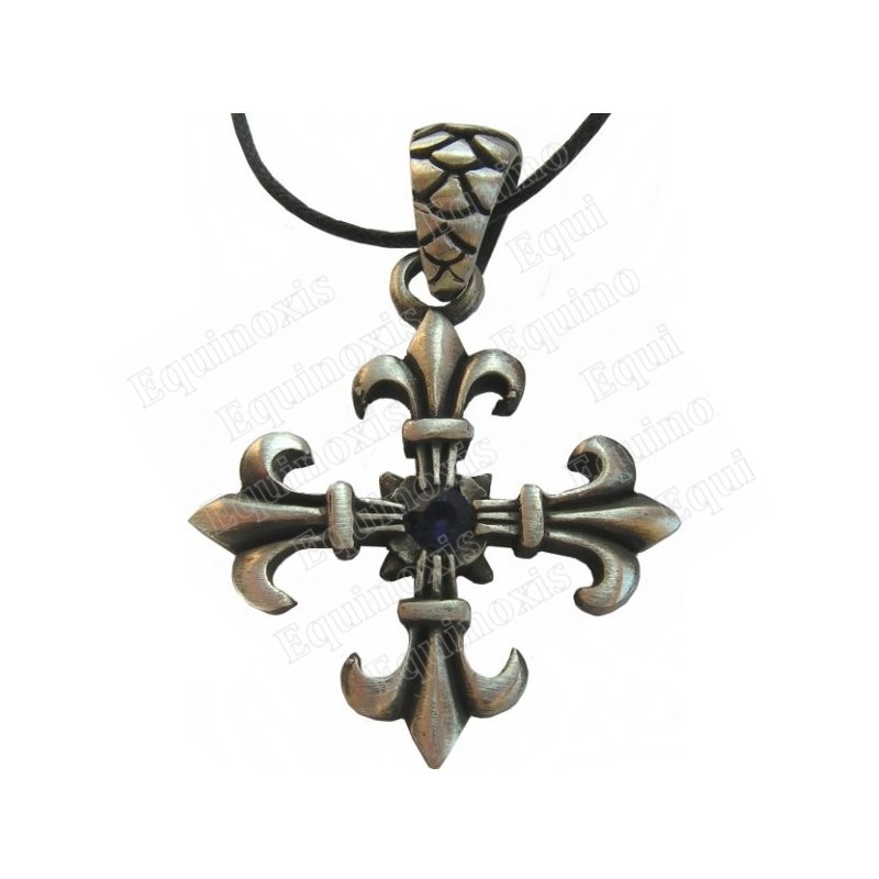 Pendentif croix – Croix avec pointes fleurs-de-lys – Pierre bleue