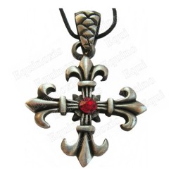 Pendentif croix – Croix avec pointes fleurs-de-lys – Pierre rouge
