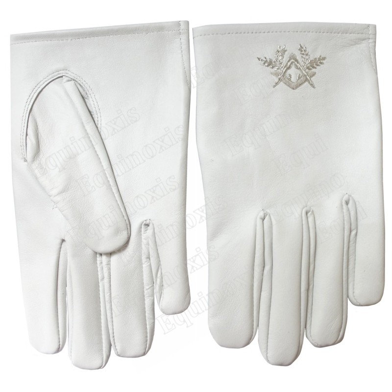Gants maçonniques cuir blanc – Equerre et Compas argentés – Taille XL – Brodés main
