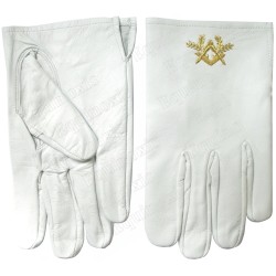 Gants maçonniques cuir blanc – Equerre et Compas dorés – Taille L – Brodés main