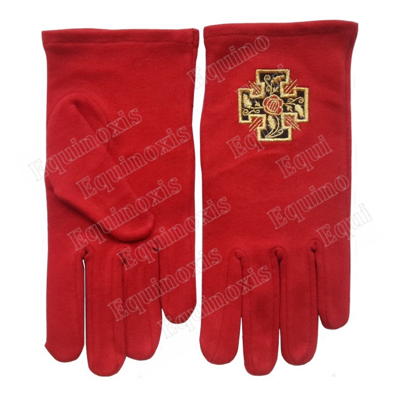 Gants maçonniques coton brodés rouges – REAA – 18ème degré – Croix potencée – Taille XL